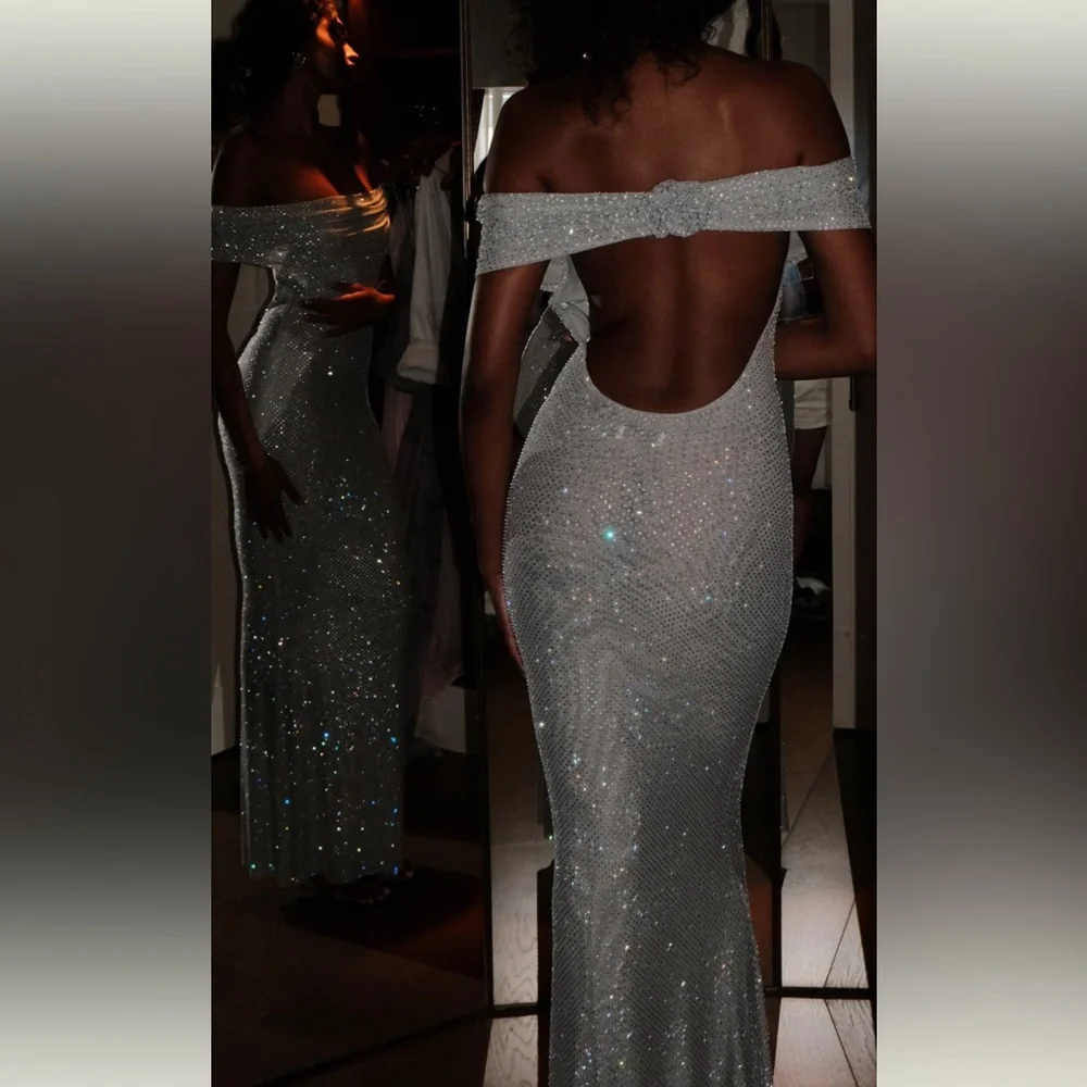 Meshki Diamanté silver maxi dress M glittery sequins - Picture 1 of 16